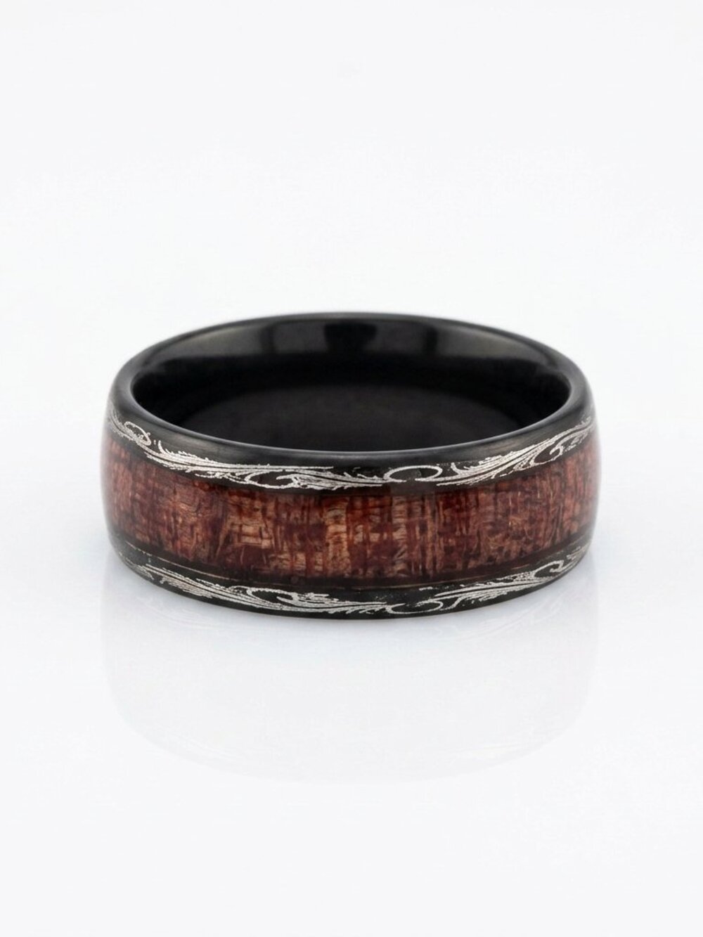 Size 12 Black Stainless Steel Wedding Band with Silver Edges & Wood‑Grain Inlay
